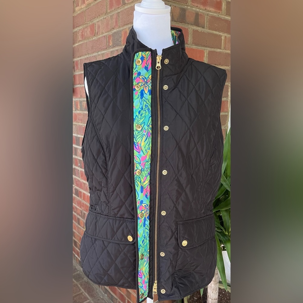 Lilly Pulitzer Black Quilted Vest with Colorful Trim
